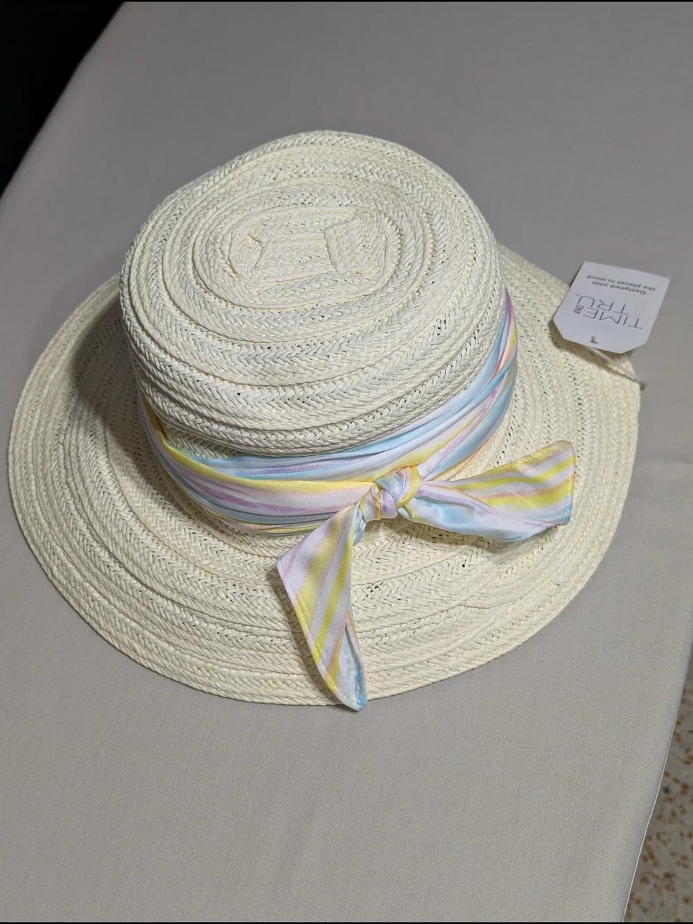 Three Bird Nest Women's Cream Straw Sun Hat with Pastel Scarf
